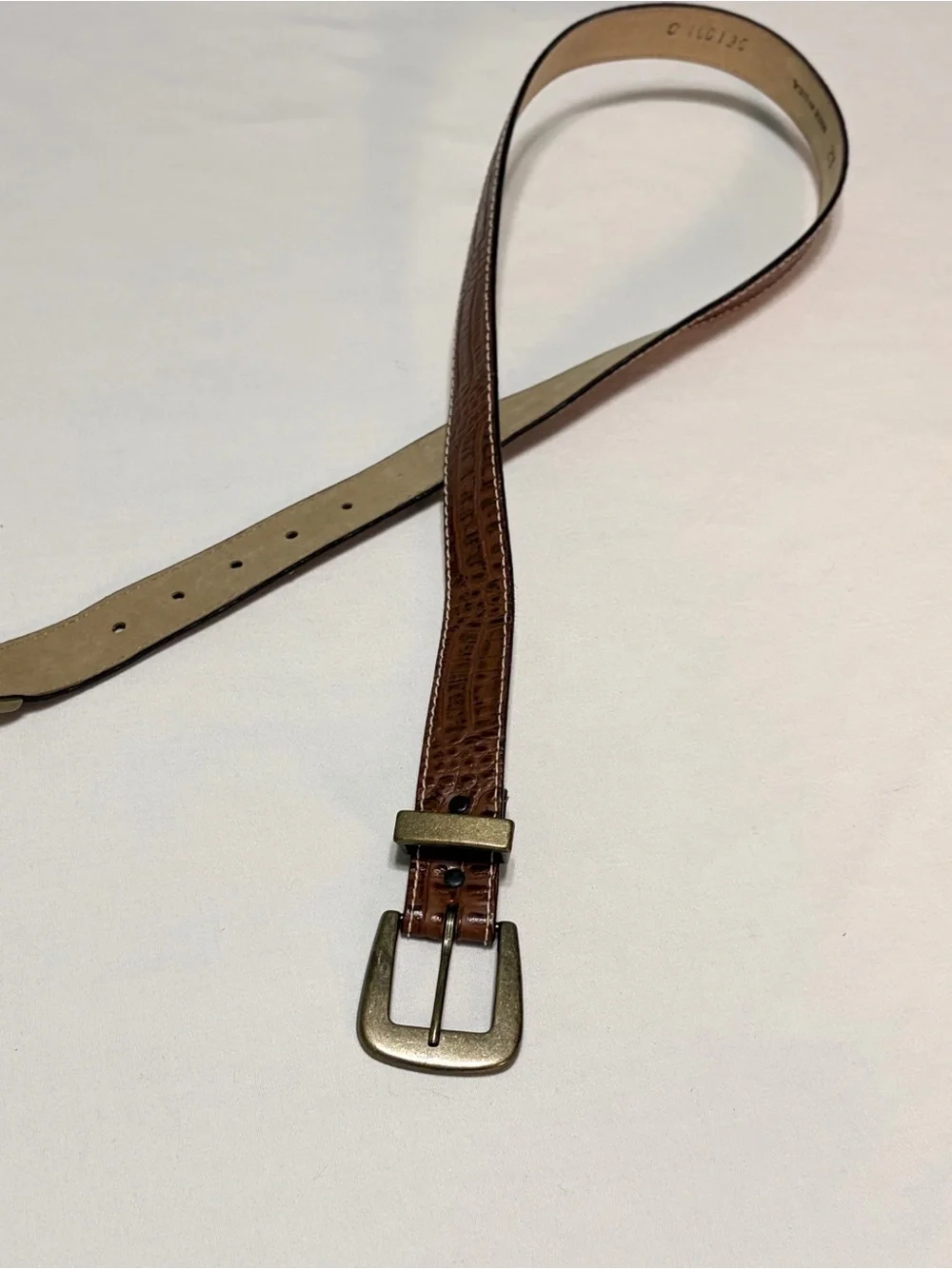 Vintage Brown Faux Crocodile Alligator Leather Belt Brass Buckle Tip Size 12 USA